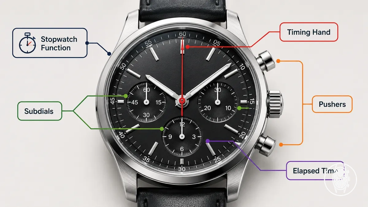 Chronograph showing stopwatch pushers, subdials and an elapsed-time timing hand