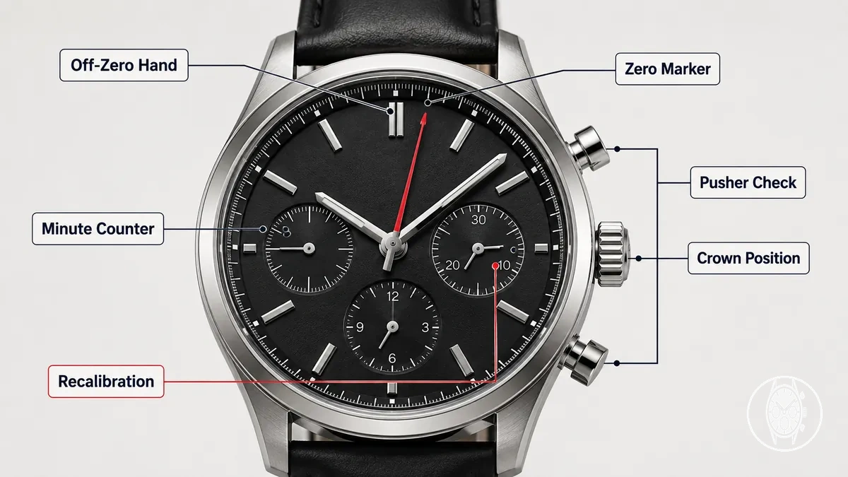 Chronograph hands and minute counter misaligned from their zero positions