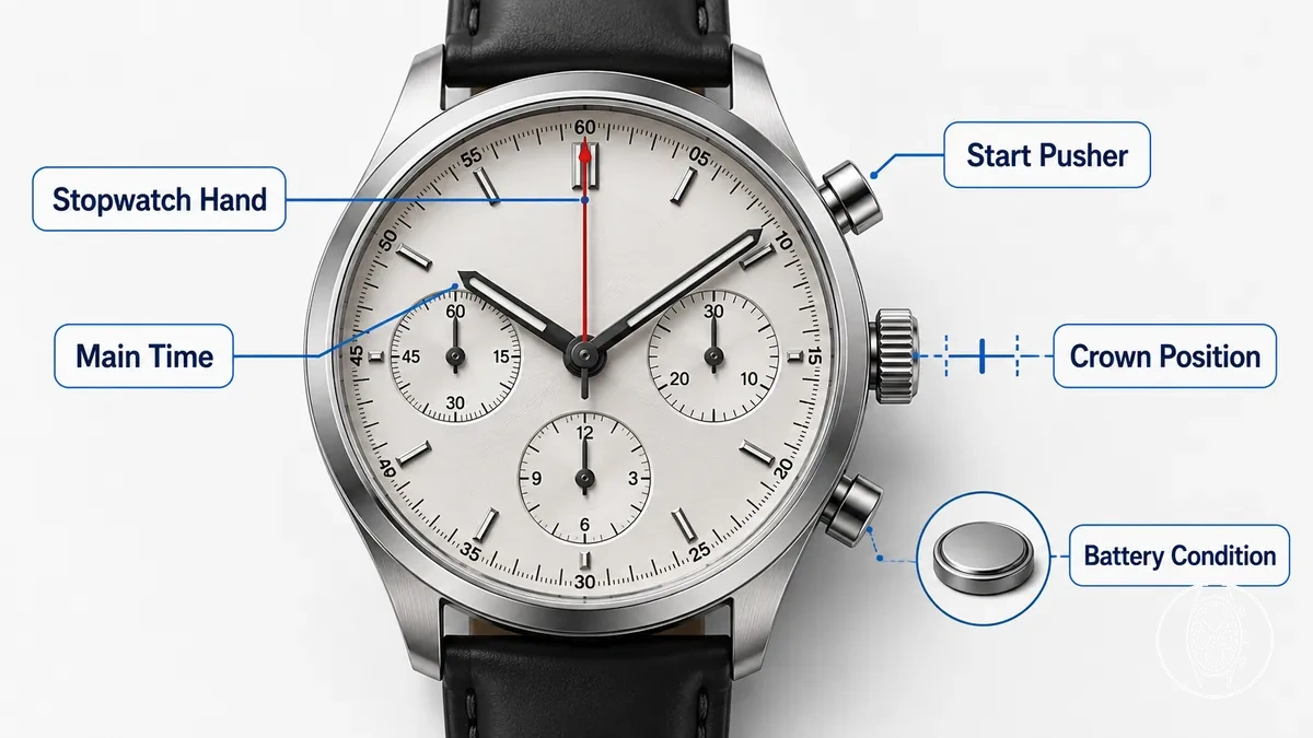 Chronograph watch start pusher and stopwatch hand for not-starting diagnosis