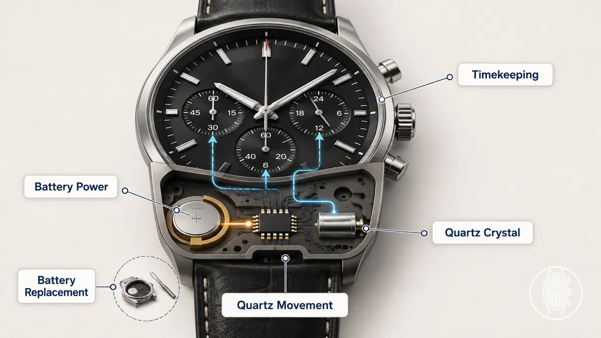 Battery and quartz crystal regulation in a quartz chronograph movement