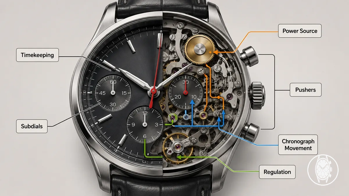 Chronograph movement connecting timekeeping, pushers and subdials in a men's watch