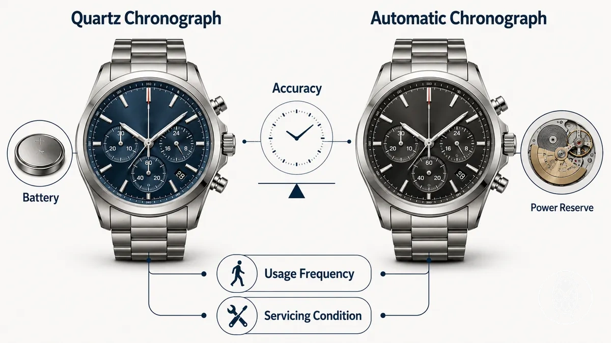 Quartz and automatic chronographs compared by accuracy, power source, power reserve, and everyday reliability