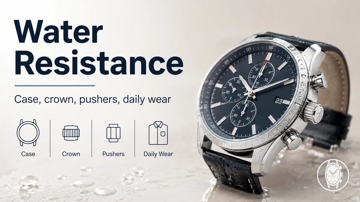 Water resistant men's chronograph watch showing case, crown, and pushers suitable for daily wear