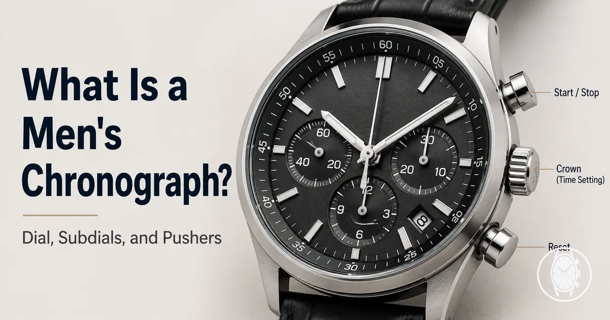 Close-up of a men's chronograph watch dial with subdials and pushers visible