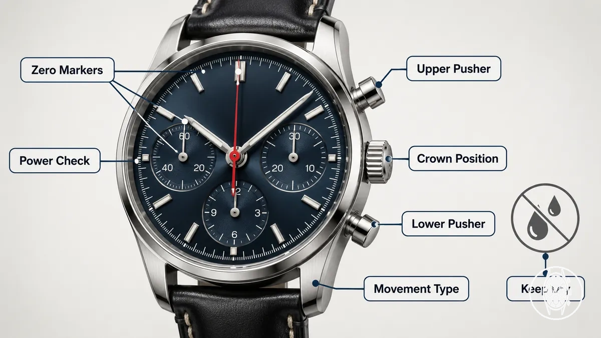Esfera de reloj cronógrafo que muestra corona, pulsadores superior e inferior y marcadores de cero de las agujas para una verificación de seguridad del reinicio
