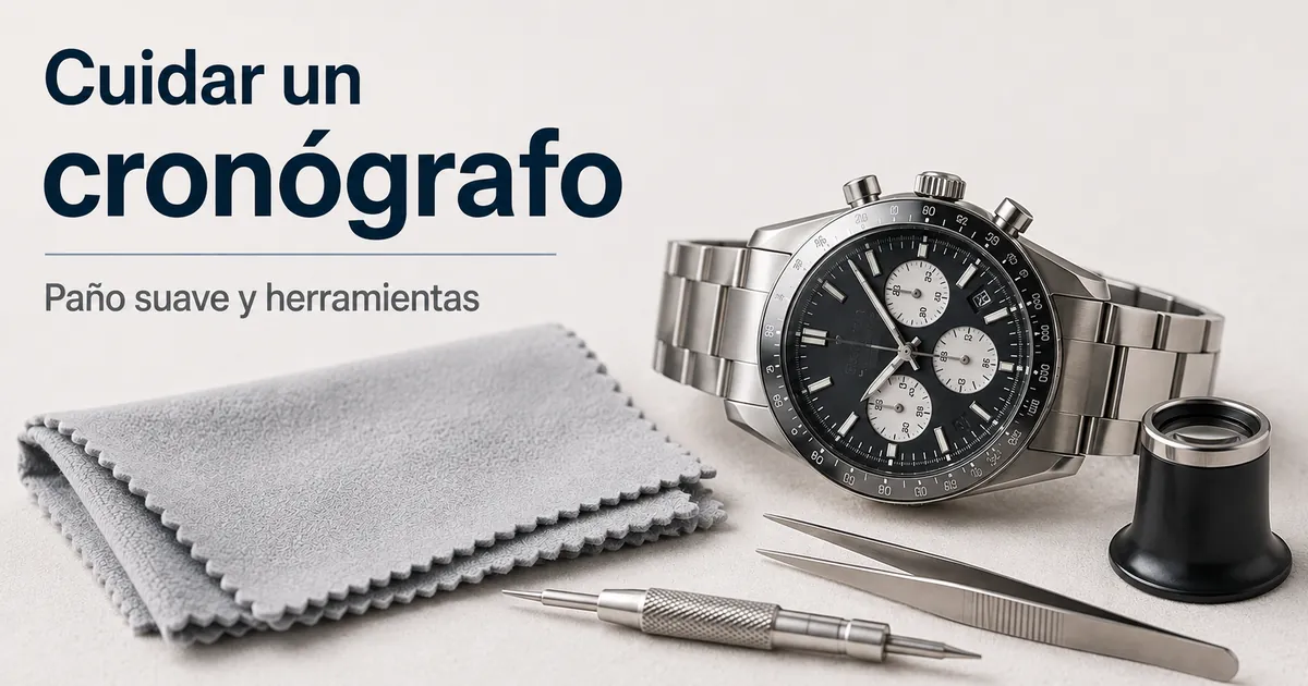 Limpieza y mantenimiento de un reloj cronógrafo para hombre con paño suave y herramientas de relojero