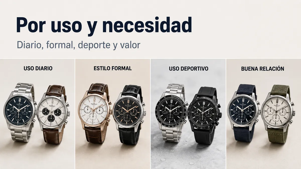 Selección de relojes cronógrafo para hombre agrupados por uso diario, estilo formal, deporte y valor