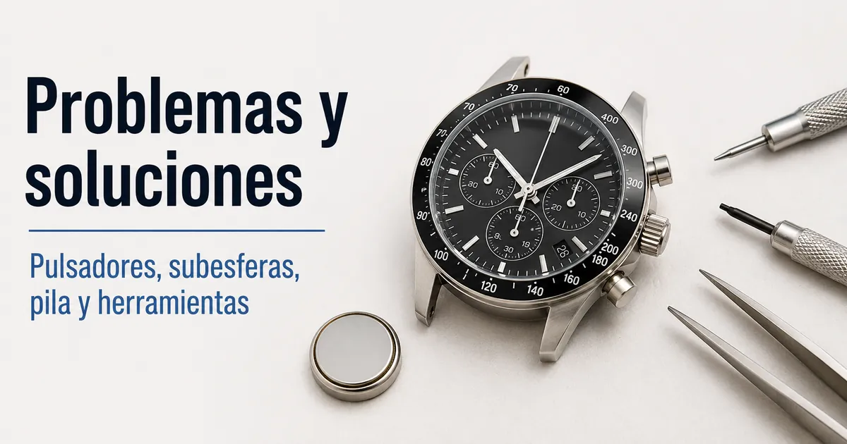 Escena de diagnóstico de un reloj cronógrafo para hombre con pulsadores, subesferas, pila y herramientas de reparación