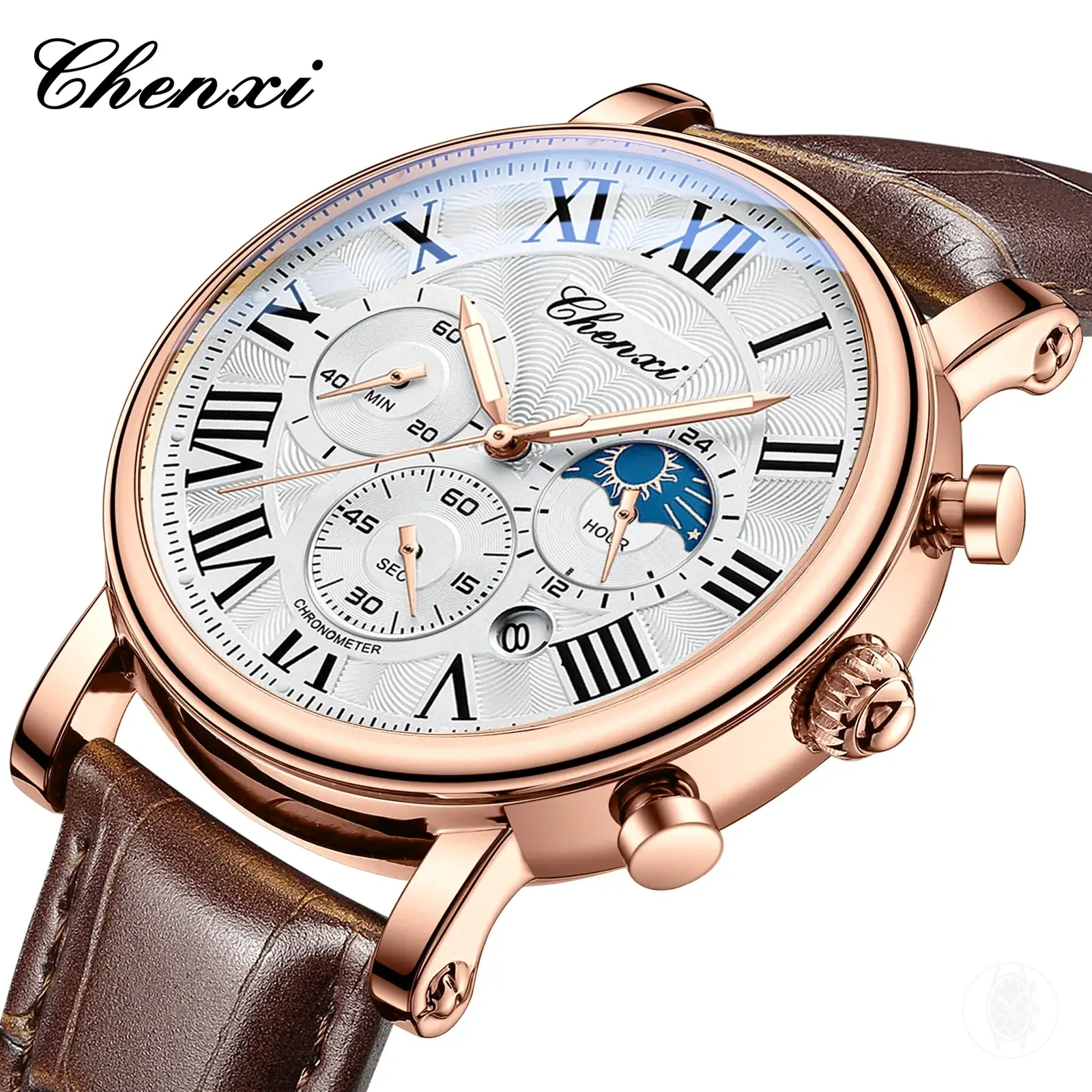 Montre chronographe multifonction quartz pour homme avec phase lunaire, affichage de la date et bracelet cuir