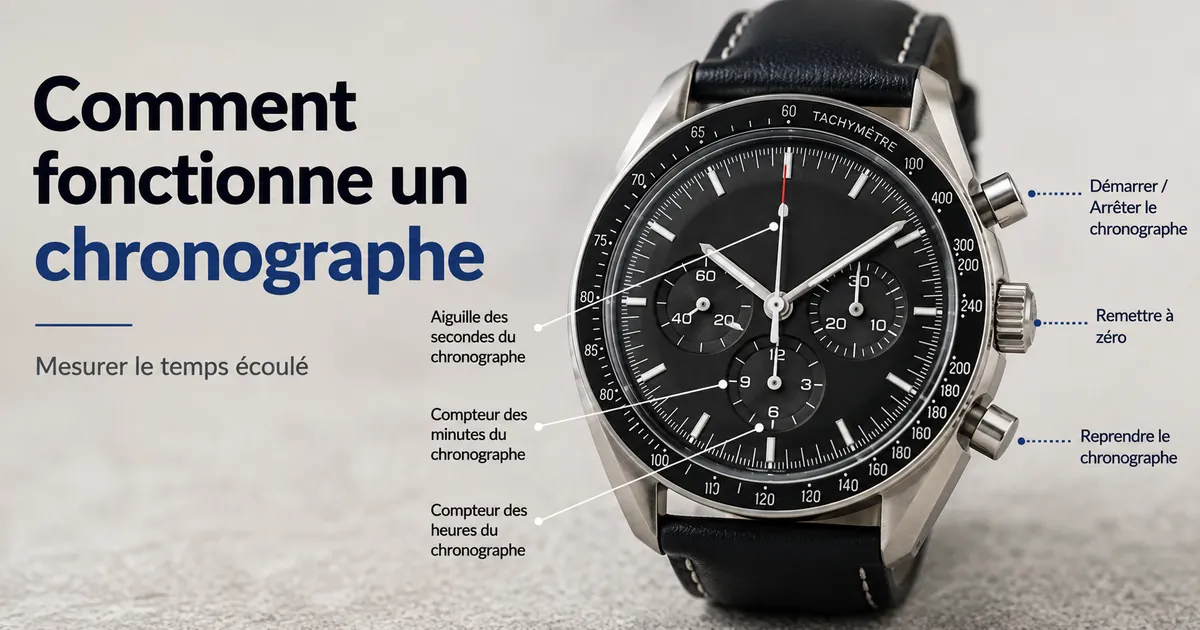 Montre chronographe pour homme avec aiguilles de chronomètre et poussoirs latéraux servant à mesurer le temps écoulé