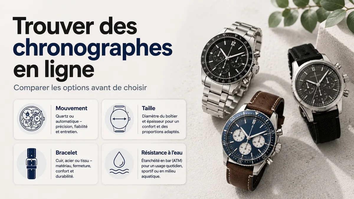 Montres chronographes pour homme présentées avec des critères de comparaison pour vérifier les options en ligne