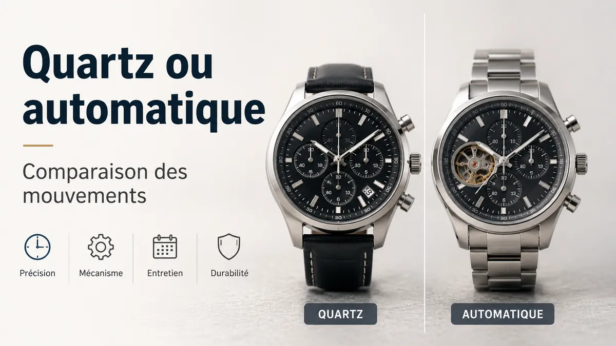 Montres chronographes pour homme à quartz et automatiques placées côte à côte pour comparer les mouvements