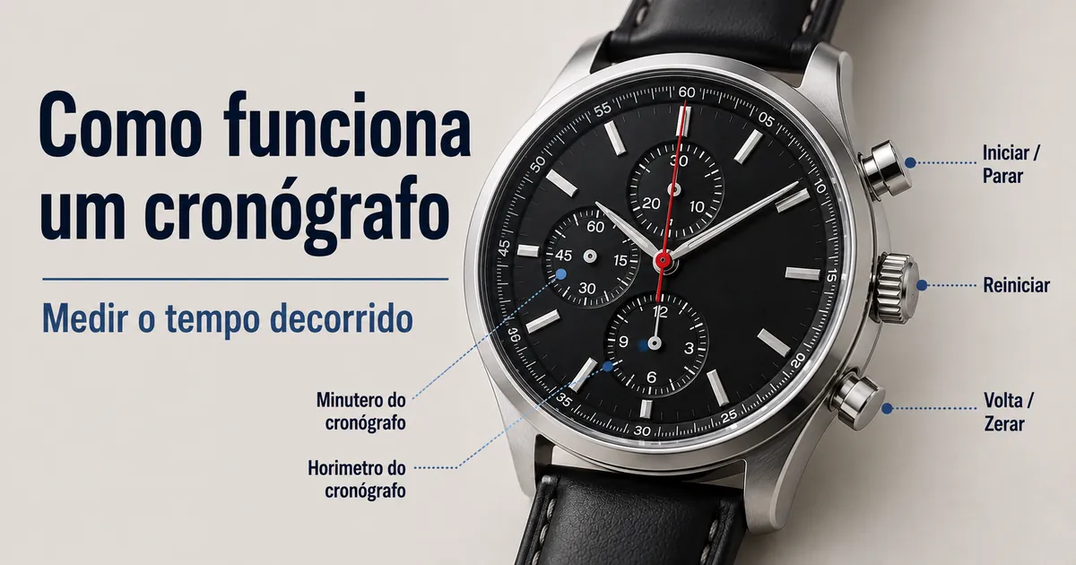 Relógio cronógrafo masculino com ponteiros de cronômetro e botões laterais usados para medir tempo decorrido