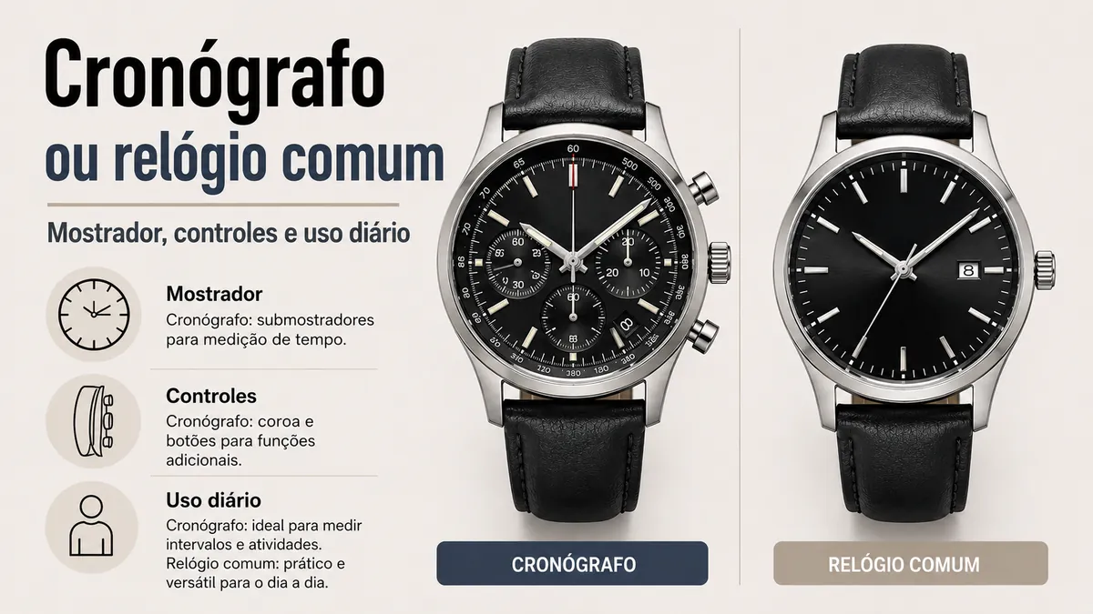 Relógio cronógrafo e relógio comum masculino comparados por mostrador, controles e uso diário