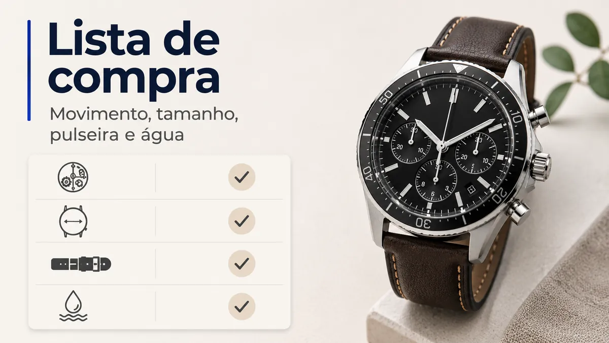 Lista de escolha para relógio cronógrafo masculino com critérios de movimento, tamanho, pulseira e resistência à água