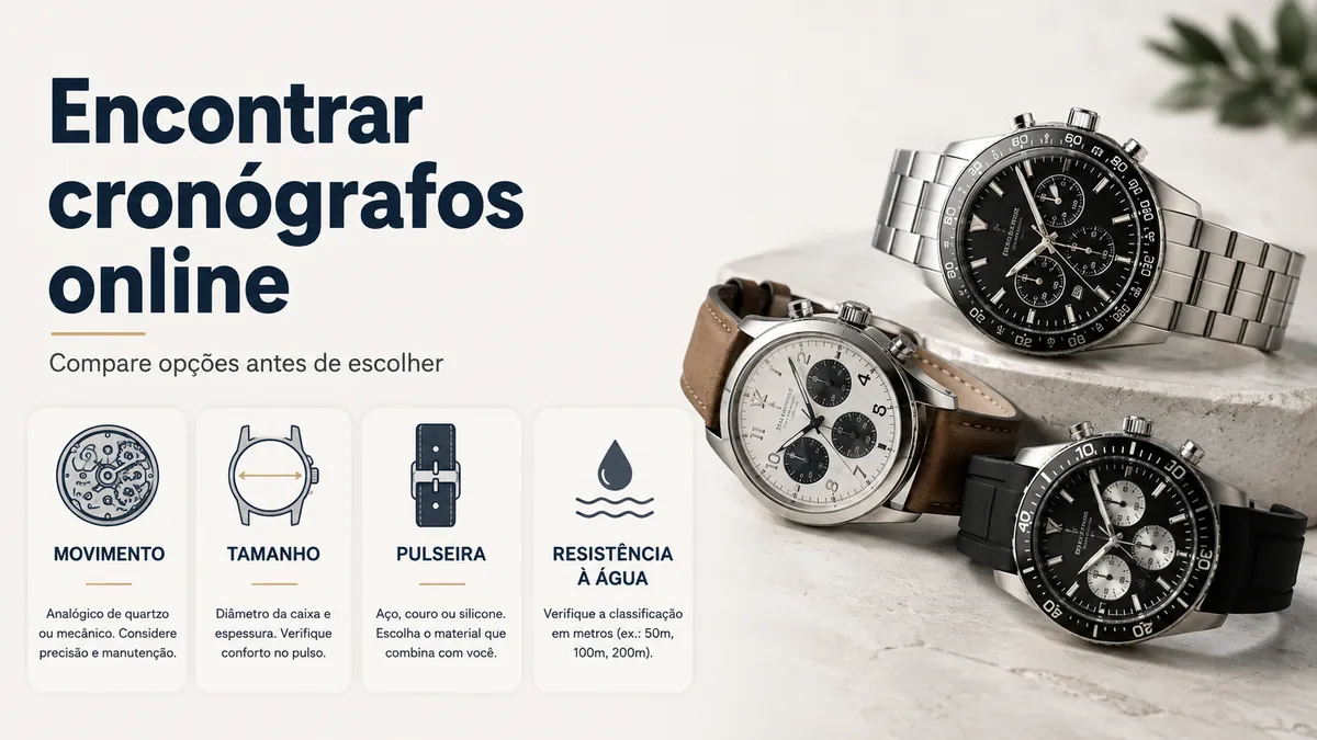 Relógios cronógrafos masculinos mostrados com critérios de comparação para avaliar opções online