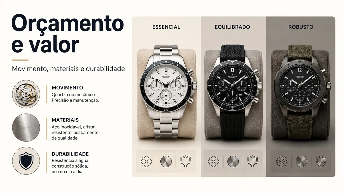 Relógios cronógrafos masculinos organizados por orçamento e critérios de valor como movimento, materiais e durabilidade