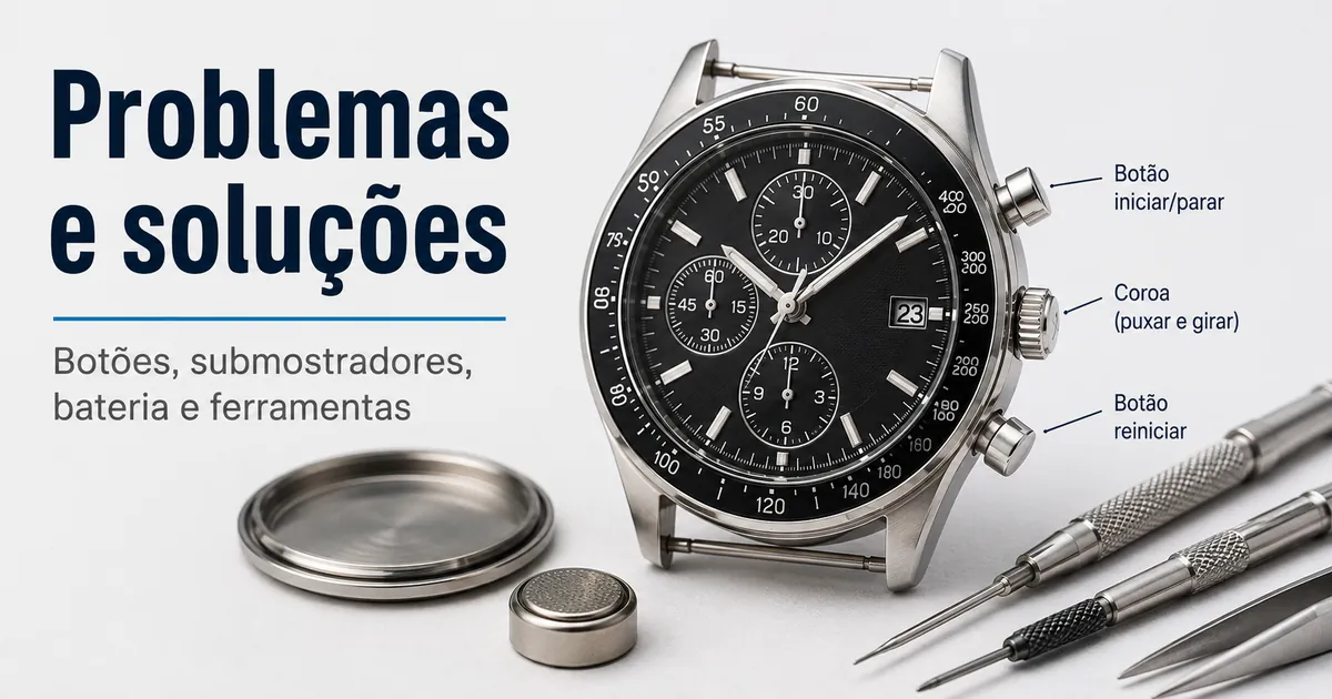 Cena de diagnóstico de relógio cronógrafo masculino com botões laterais, submostradores, bateria e ferramentas de reparo