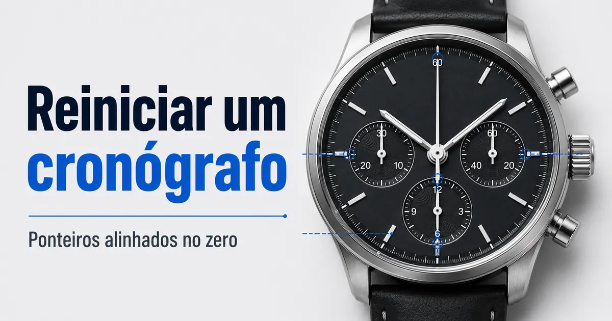 Relógio cronógrafo masculino com ponteiros alinhados no zero durante o reinício e a recalibração