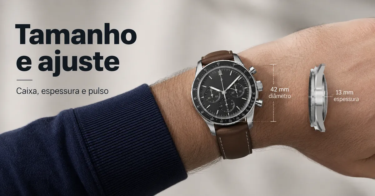 Relógio cronógrafo masculino no pulso mostrando tamanho da caixa, espessura e ajuste