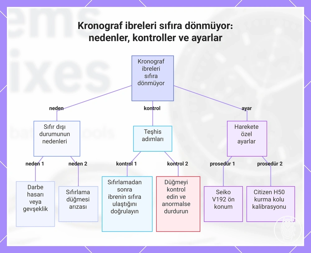 Kronograf ibreleri sıfıra dönmüyor: nedenler, kontroller ve ayarlar