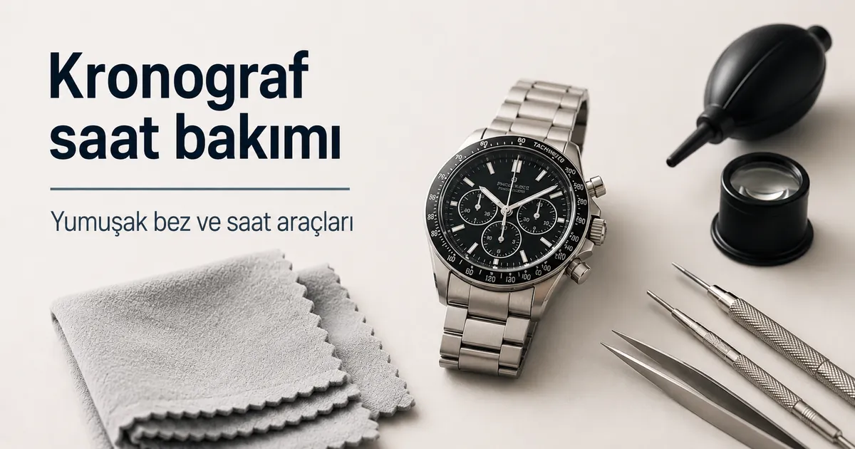 Yumuşak bez ve saat araçlarıyla erkek kronograf saat temizliği ve bakımı