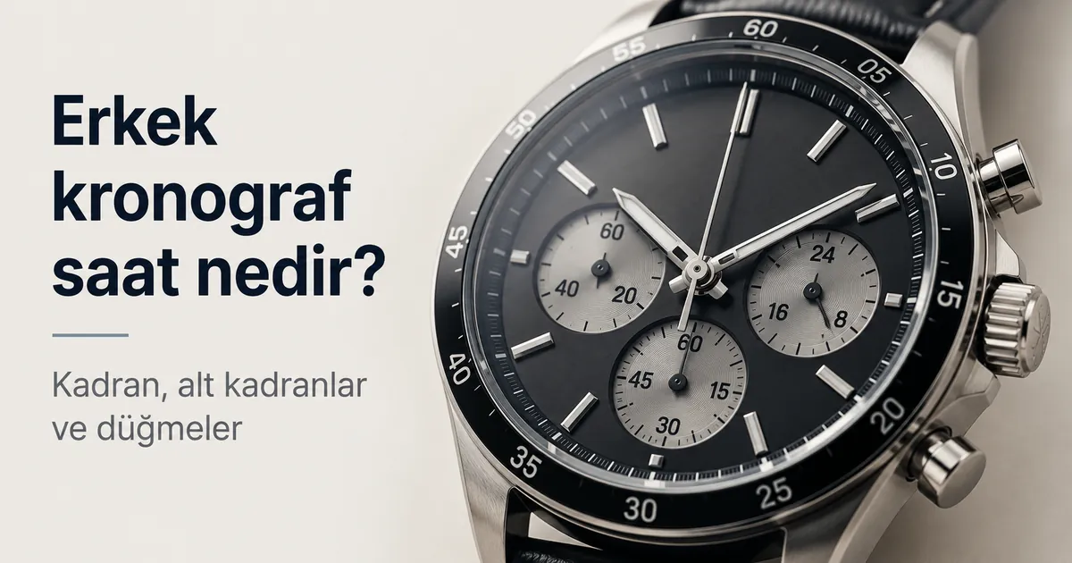 Alt kadranları ve düğmeleri görünen erkek kronograf saat kadranının yakın plan görünümü