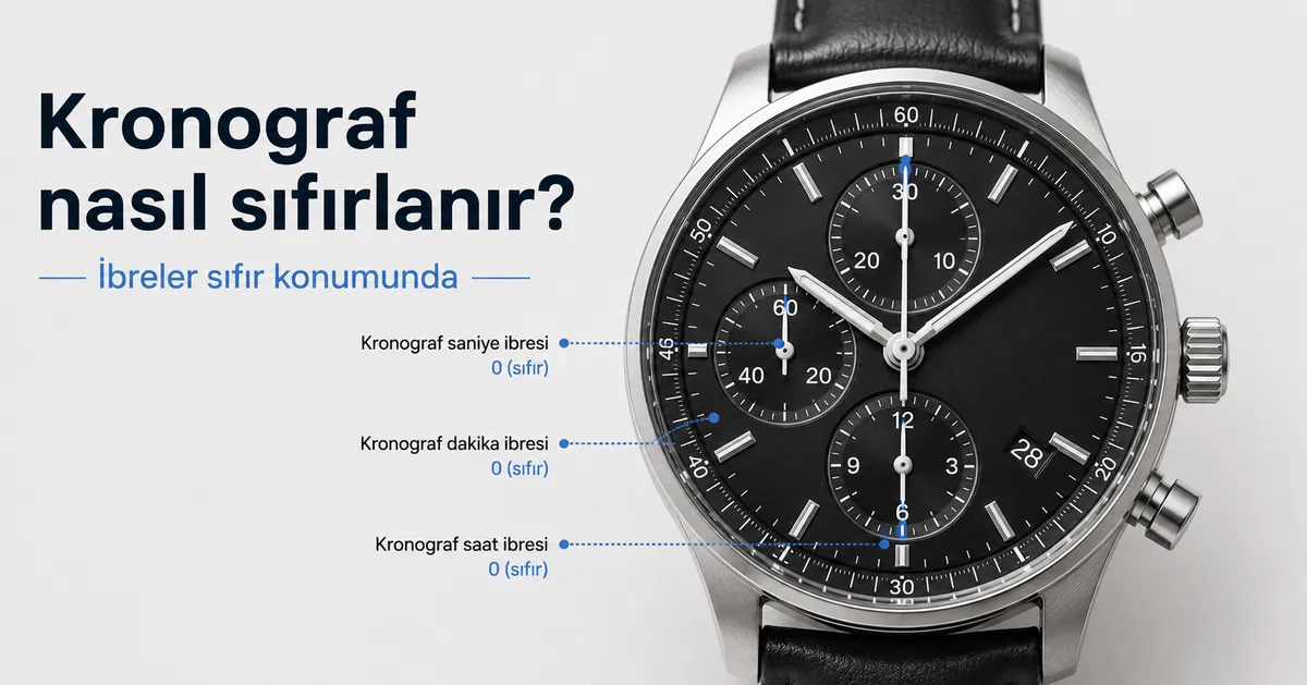 Sıfırlama ve kalibrasyon sırasında ibreleri sıfır konumunda hizalanmış erkek kronograf saat