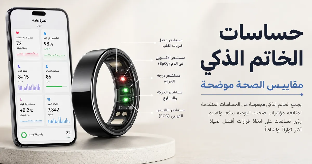 ترتيب حساسات الخاتم الذكي للياقة مع مقاييس صحية معروضة في تطبيق جوال