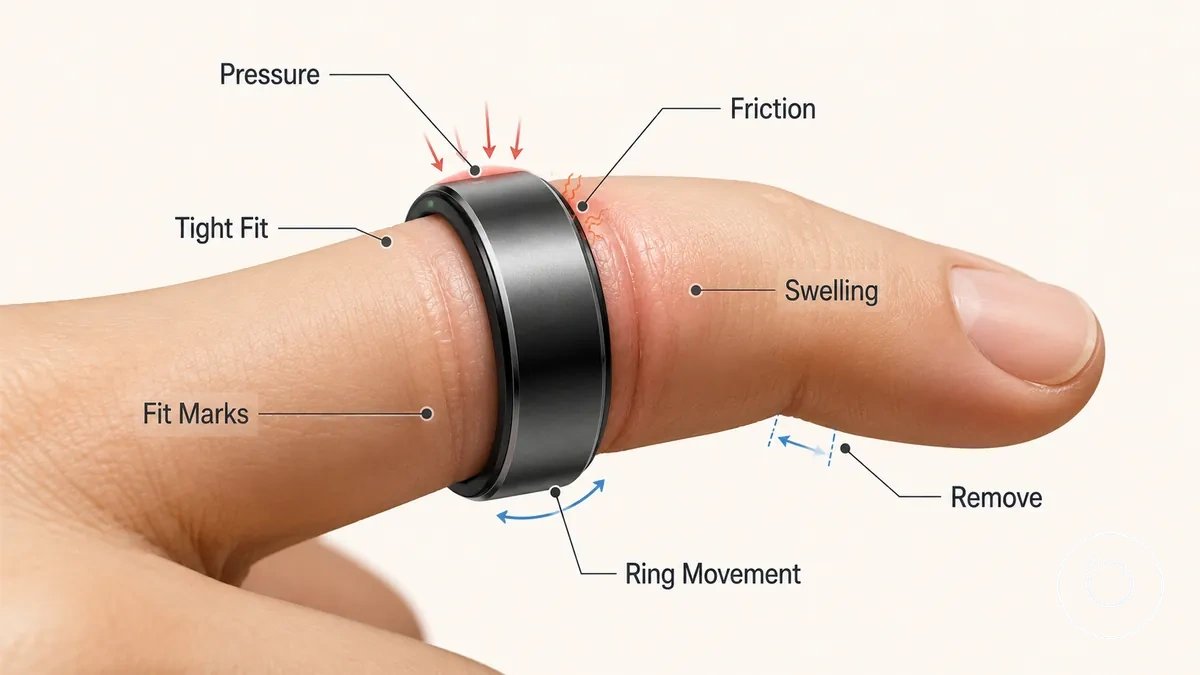 Beschrifteter Finger mit Smartring, der Druckstellen, Reibung und Anzeichen enger Passform zeigt