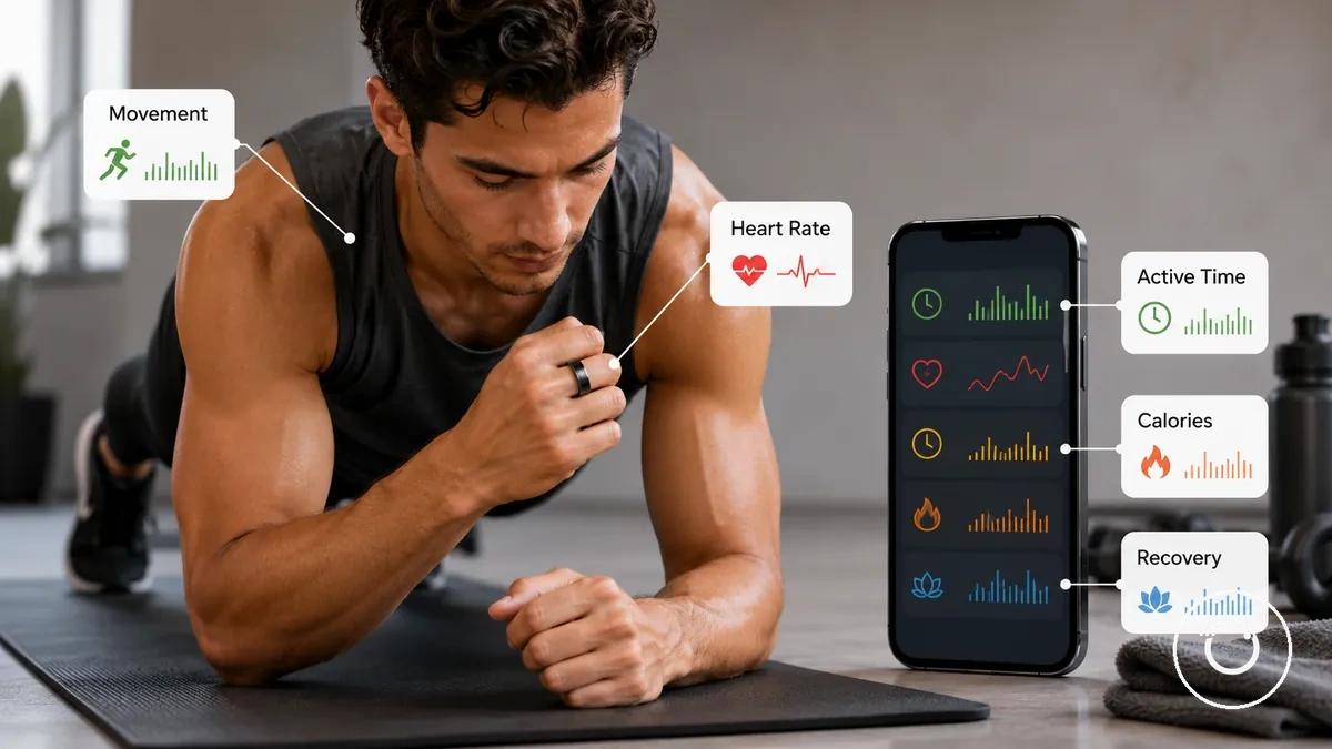 Fitness-Smartring zeichnet Trainingssignale wie Bewegung und Herzfrequenz in einer Trainings-App auf