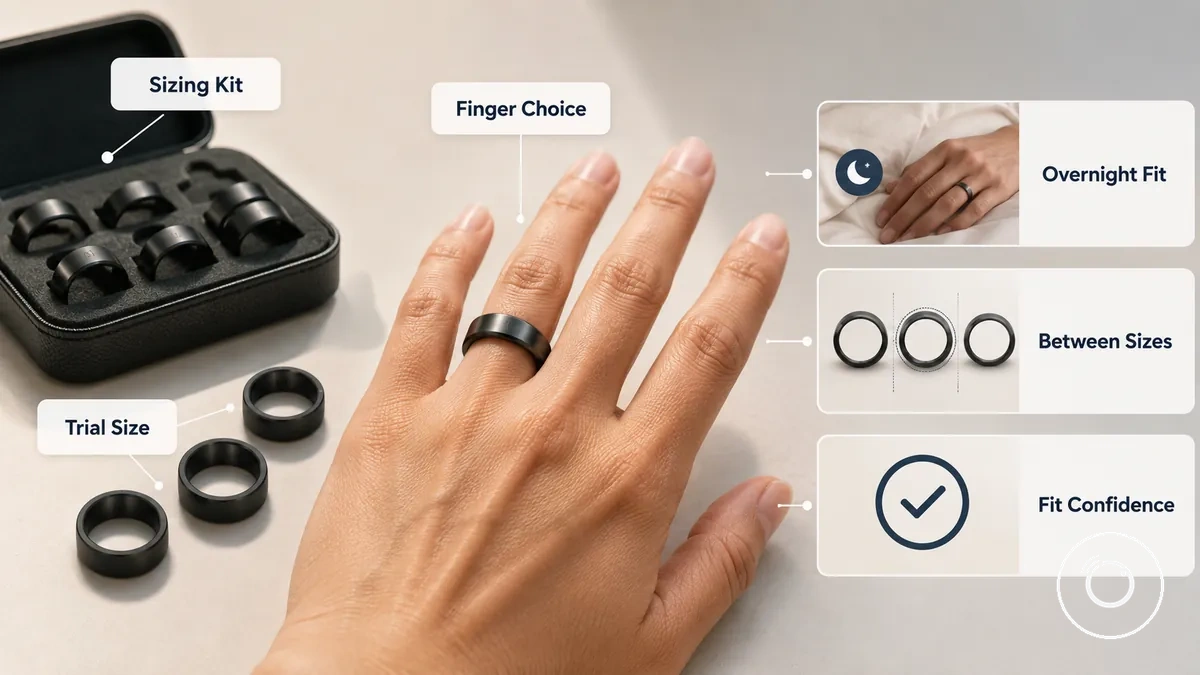 Bestätigung des Größenbestimmungssets mit Probierringen und Fingerplatzierung