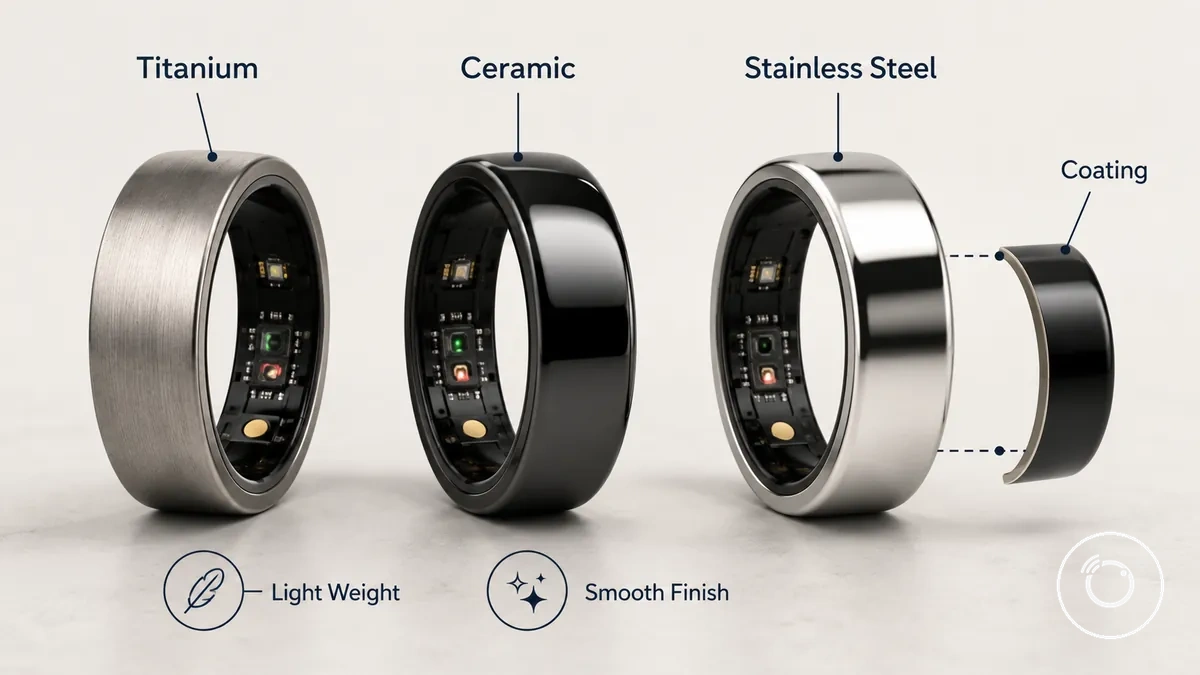 Vergleich von Materialoberflächen bei Fitness-Smartringen mit Beispielen für Metall-, Keramik- und beschichtete Gehäuse