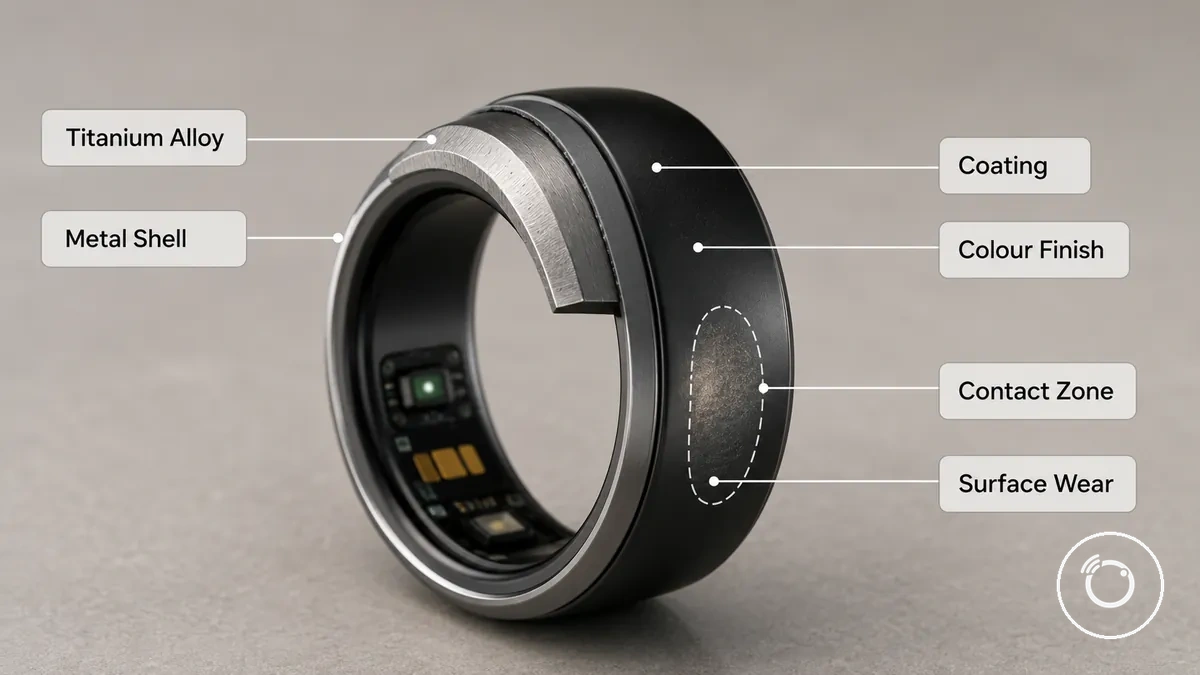 Beschichtetes Metallgehäuse eines Fitness-Smartrings mit Oberflächenfinish und Kontaktbereichen