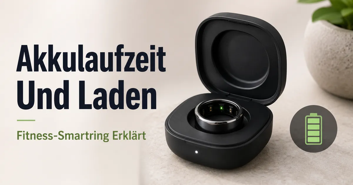 Fitness-Smartring in einem kompakten Ladecase neben einer Akkuanzeige