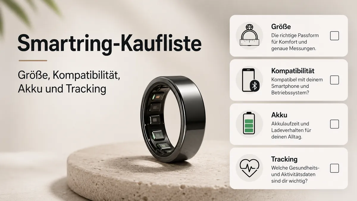 Kaufliste für einen Fitness-Smartring mit Faktoren zu Größe, Kompatibilität, Akku und Tracking