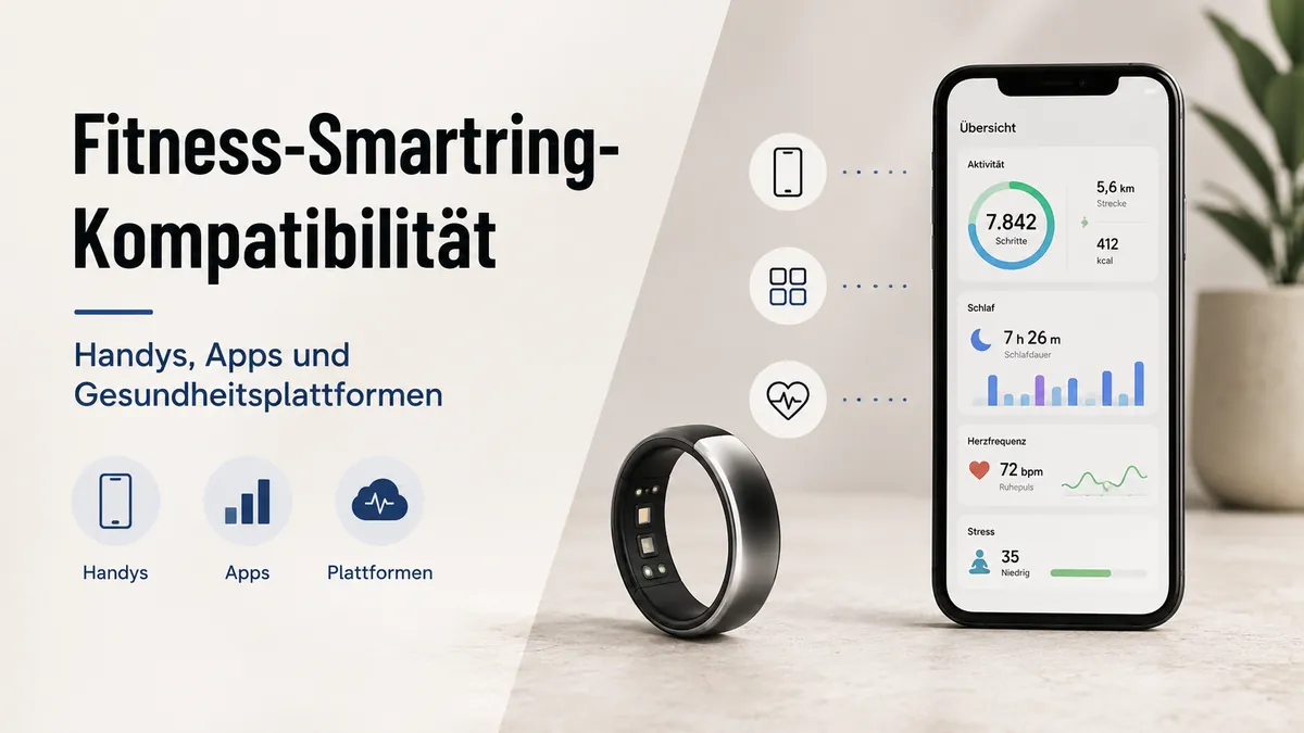 Fitness-Smartring gekoppelt mit einer Gesundheits-App auf dem Smartphone