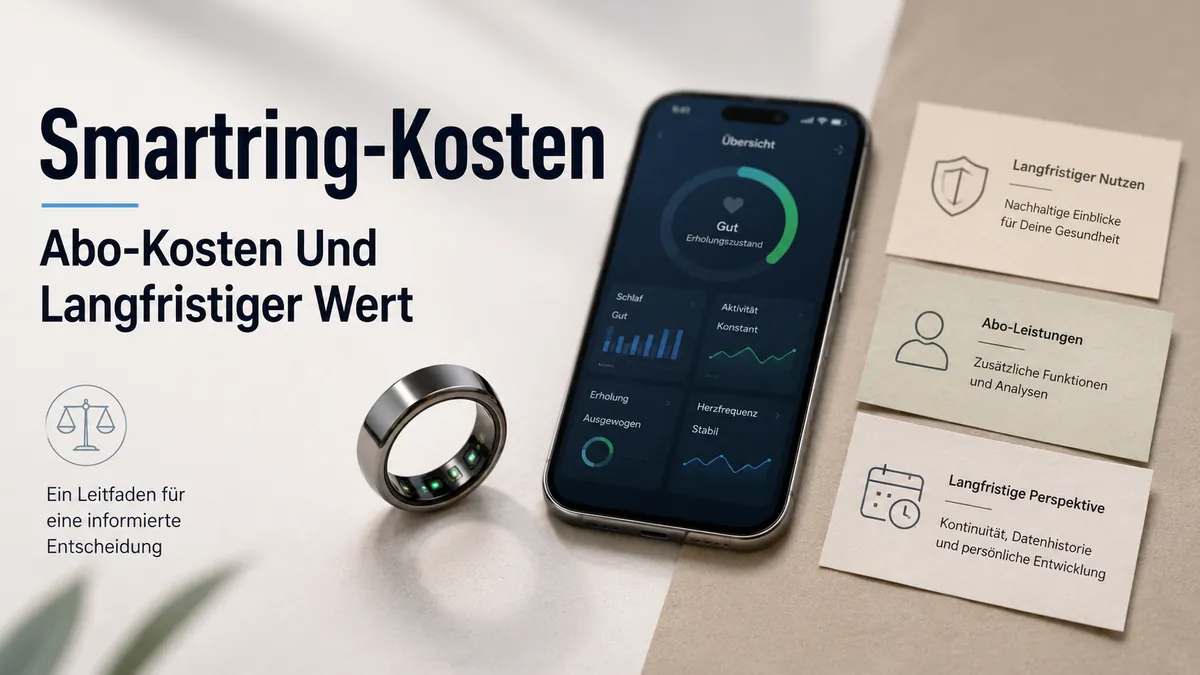 Fitness-Smartring neben einer Smartphone-App und Notizen zum Preisvergleich