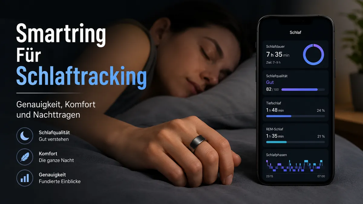 Fitness-Smartring beim Schlaftracking über Nacht mit Schlafwerten auf einem Smartphone