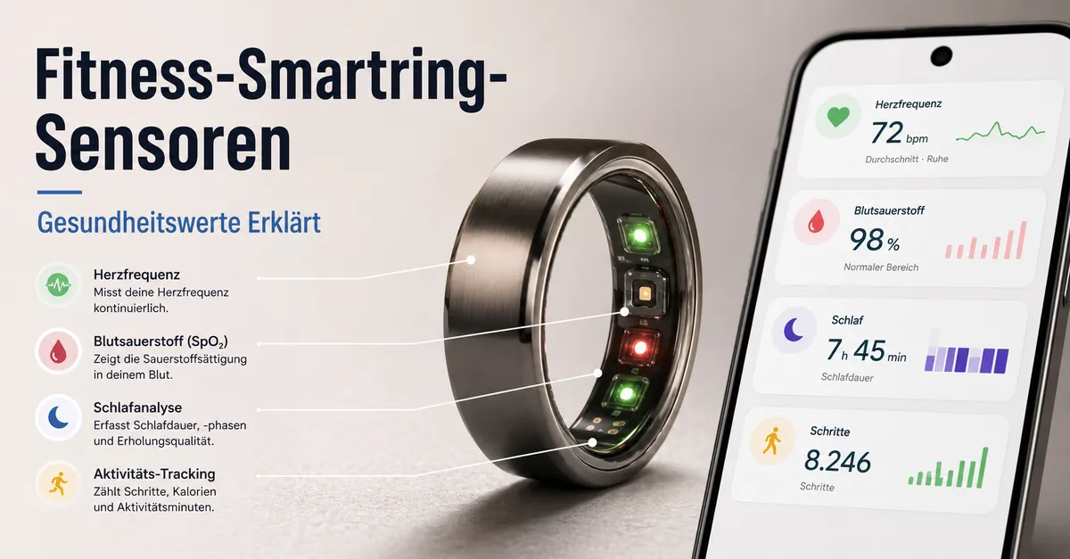 Sensoren eines Fitness-Smartrings mit Gesundheitswerten in einer Smartphone-App