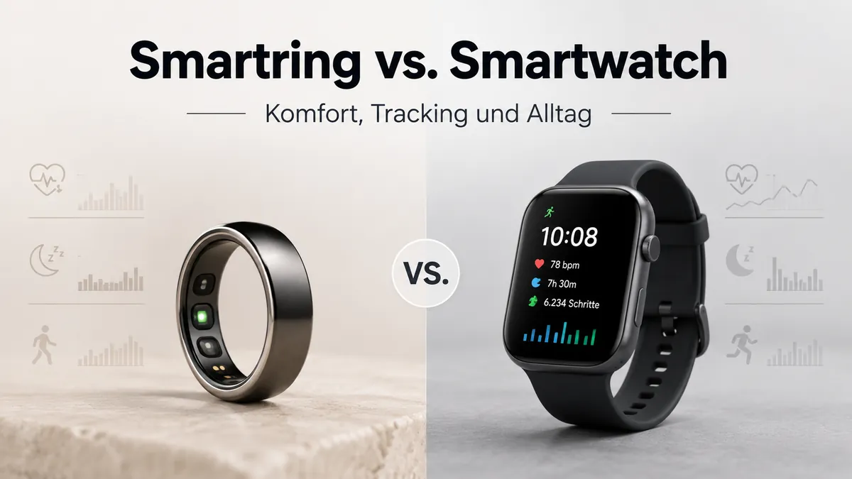 Fitness-Smartring und Smartwatch nebeneinander für den Vergleich von Wearable-Tracking