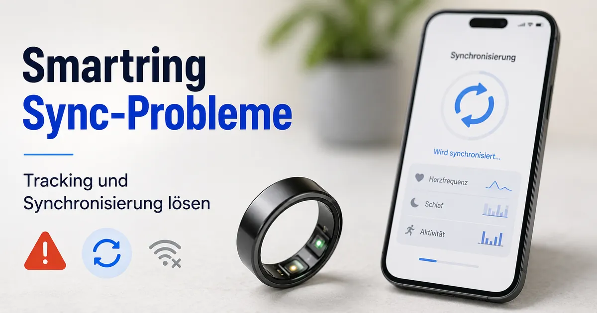 Fitness-Smartring und Smartphone-App mit Hinweisen auf Tracking- oder Synchronisierungsprobleme
