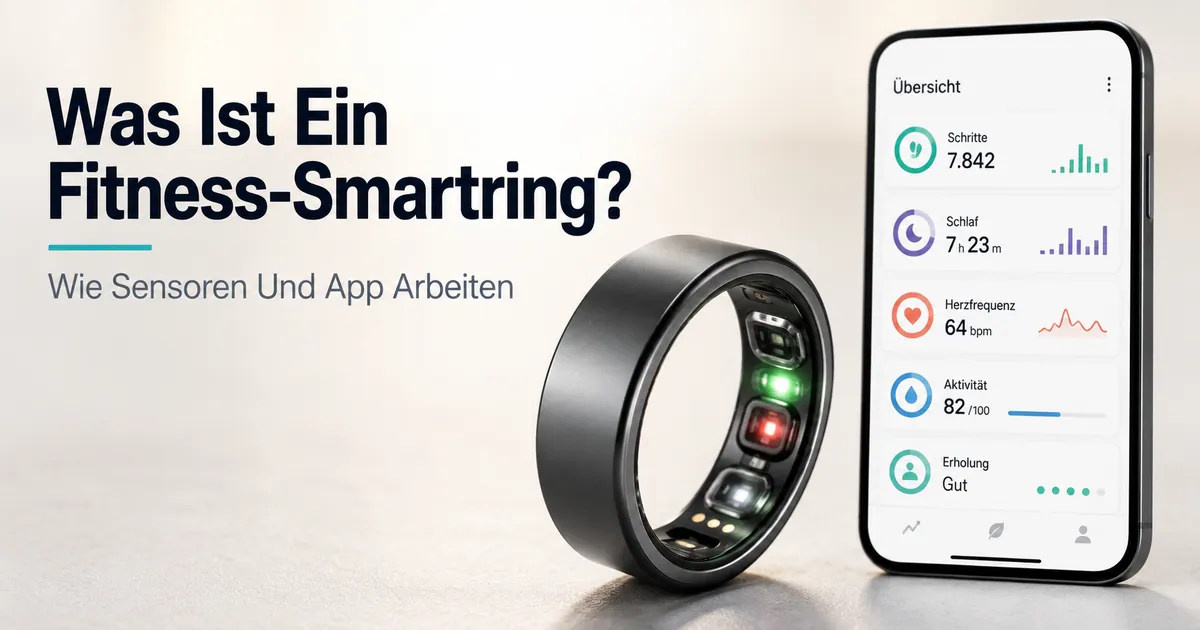 Fitness-Smartring mit sichtbarem Sensorbereich und verbundener Gesundheits-App