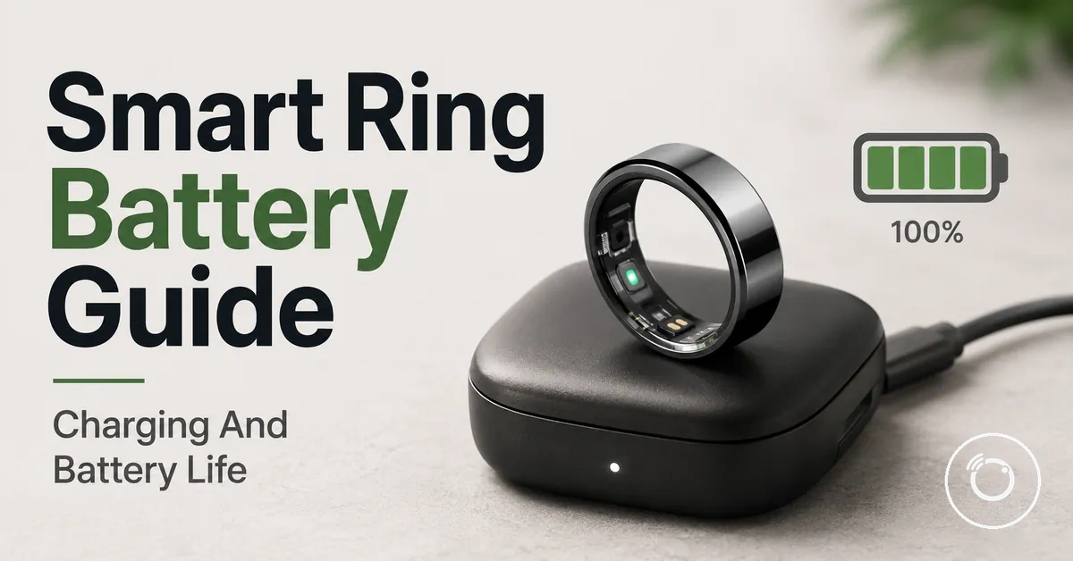 Fitness smart ring placed on a compact charging case beside a battery indicator