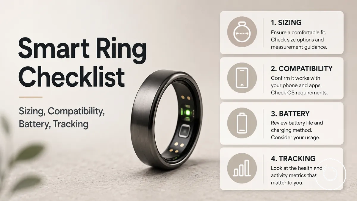 Fitness smart ring buying checklist with sizing, compatibility, battery, and tracking factors