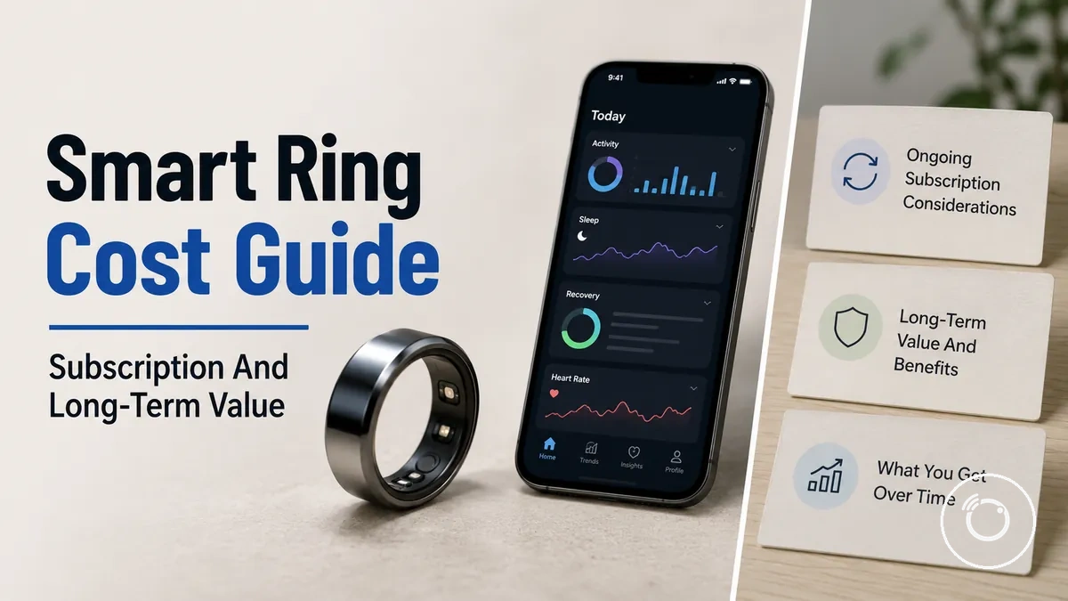 Fitness smart ring beside a phone app and price comparison notes