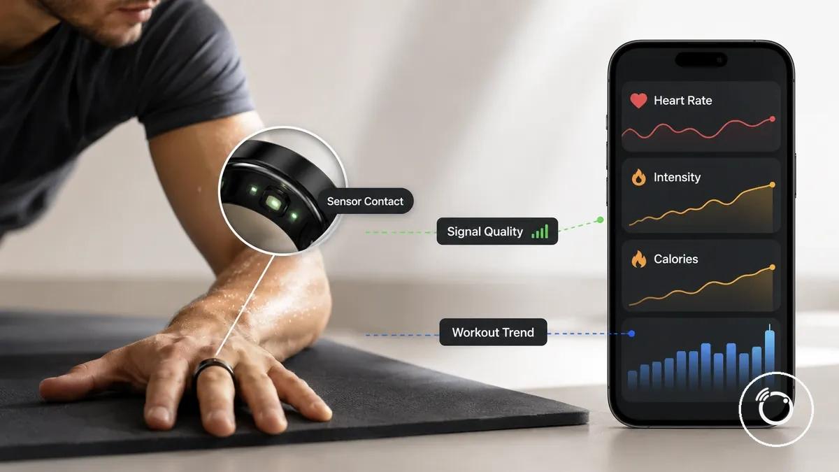Fitness smart ring app showing heart rate intensity and calorie estimate during exercise
