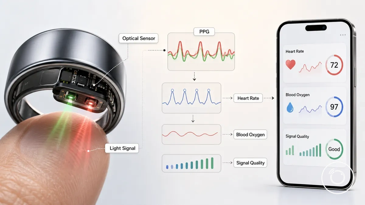 Diagram showing optical sensors for heart rate and blood oxygen signals with light signal flow and app metrics