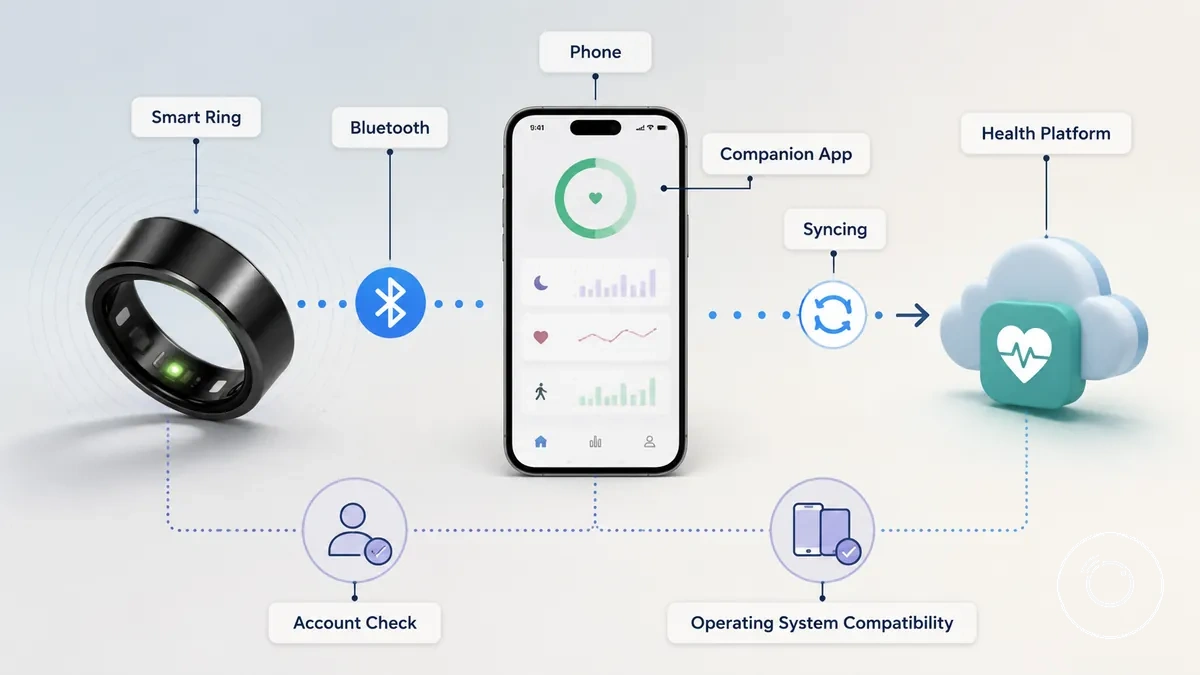 Diagram showing a fitness smart ring linked by Bluetooth to a phone app and health platform