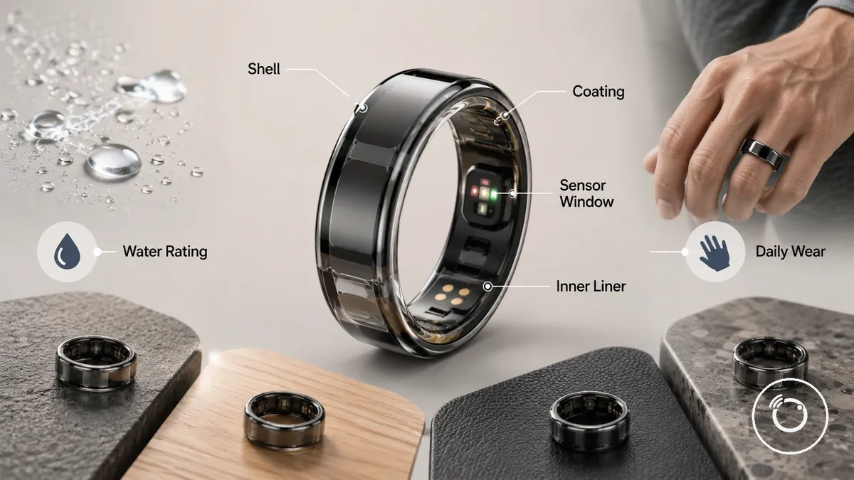 Fitness smart ring parts that affect durability including shell finish inner surface and sensor window